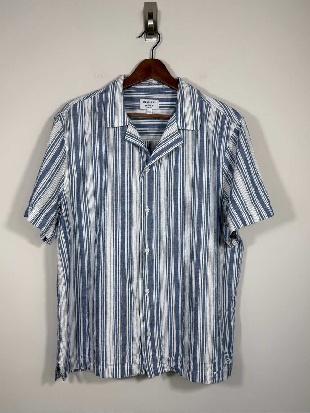 Sperry Premium Linen Blend Blue Stripe Camp Shirt Size Large
